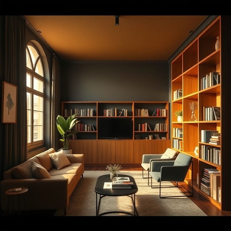 Interior amplu al unui studio de consultanță din Sibiu, cu paletă cărbune-auriu și rafturi de lemn
