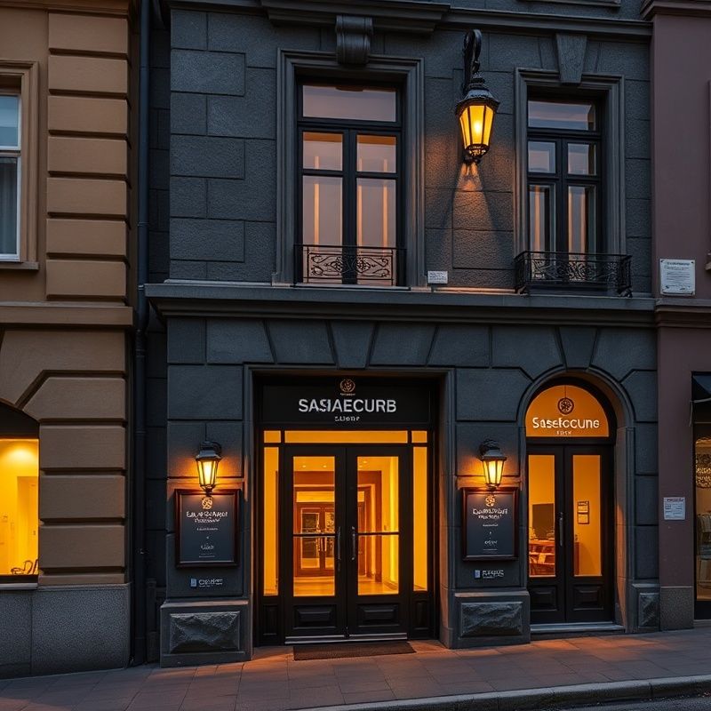 Fotografie de la nivelul străzii a unei clădiri istorice din Sibiu la apus, cu lumină caldă de lampă